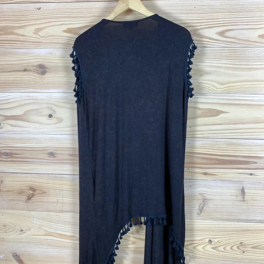 POL Longline Vest Women Medium‎ Navy Blue Tassel Fringe Boho